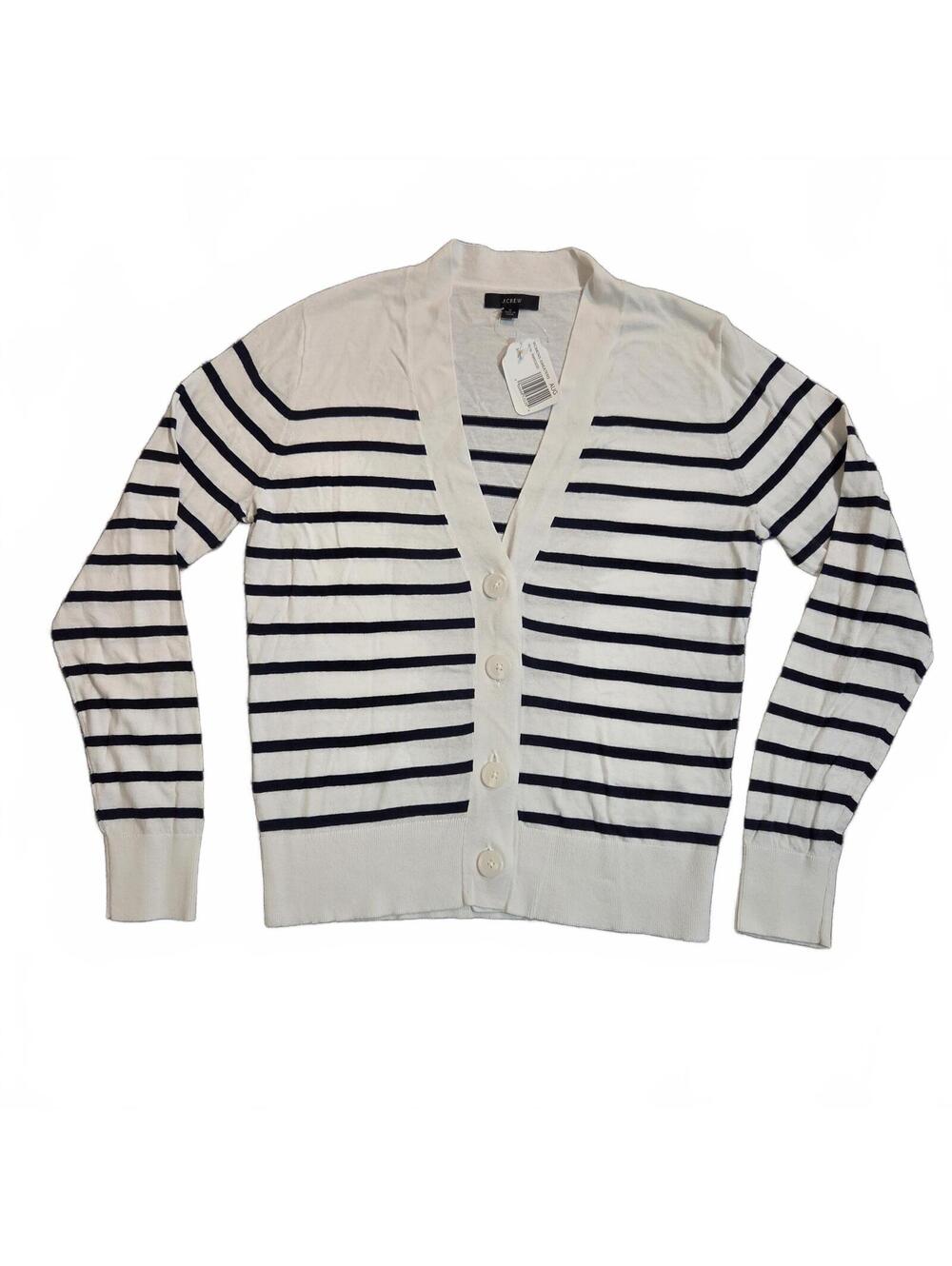 J.Crew Women's Small Stripe Button-Front Cotton Cardigan Sweater Cream Navy